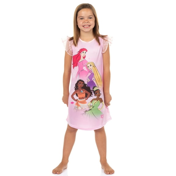 Disney Princess Nightgown Girls' Princess Ariel, Rapunzel, Moana, Tiana Ruffle Sleeve Sleepwear