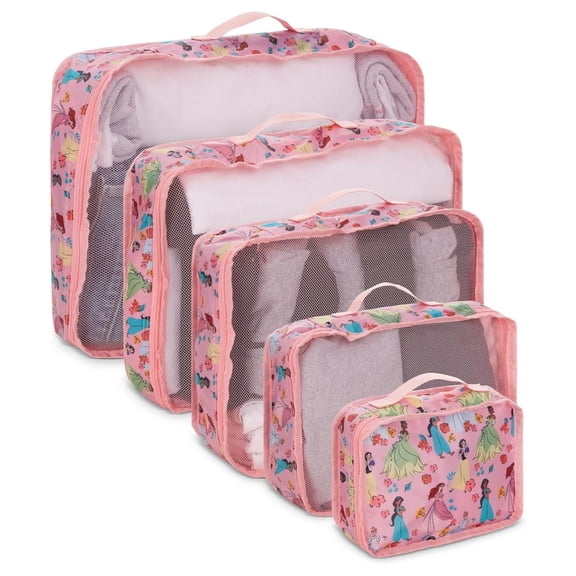 Disney Princess Packing Cubes, 5 Piece Organizer Set Travel Essentials Bags for Kids and Adult Pink