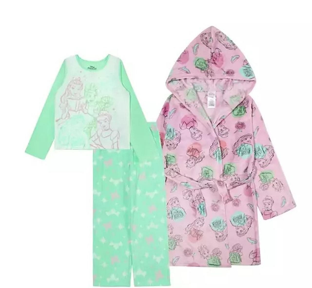 Disney Characters Robe Disney Princess Pink Fleece Hooded Robe and Character Pajama Set, Size ...