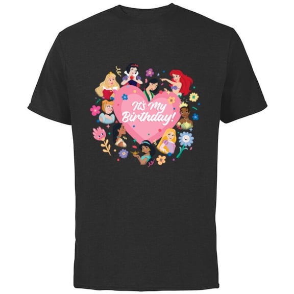 Disney Princess Pink Heart and Flowers It’s My Birthday - Short Sleeve Cotton T-Shirt for Adults - Customized-Black