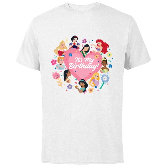 Disney Princess Pink Heart and Flowers It’s My Birthday - Short Sleeve Cotton T-Shirt for Adults - Customized-White
