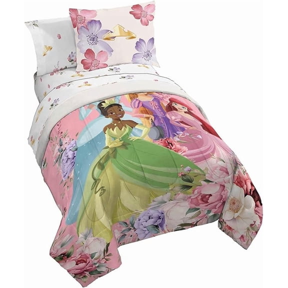 Disney Princess Pretty Floral 5 Piece Twin Size Kids Bed Set with Sham