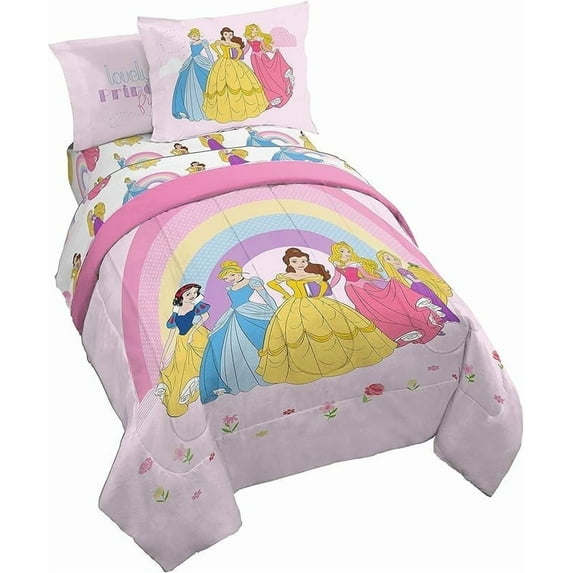 Disney Princess Rainbow 7 Piece Full Size Kids Bed Set with Shams