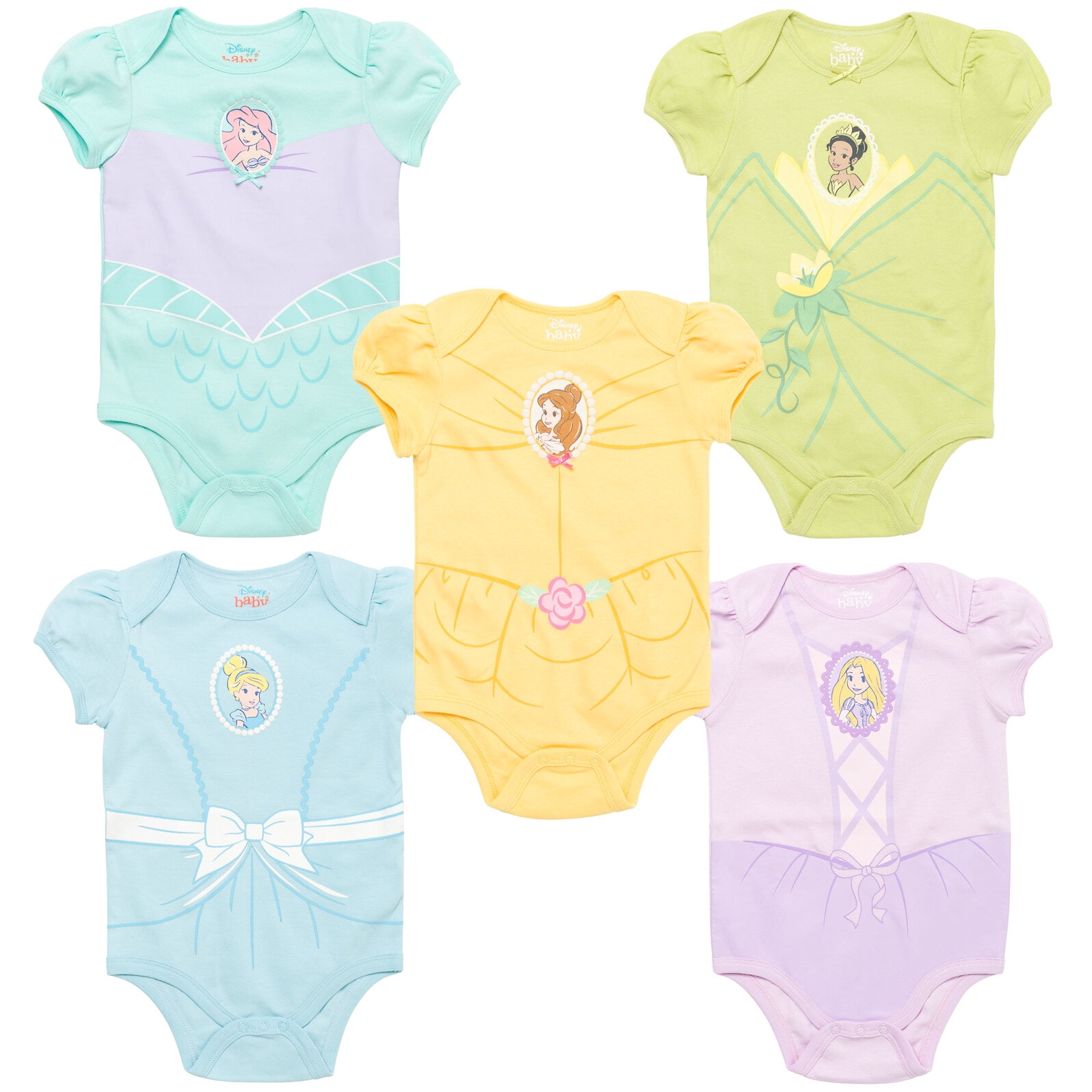 Disney Princess Rapunzel Belle Tiana Infant Baby Girls 5 Pack Bodysuits