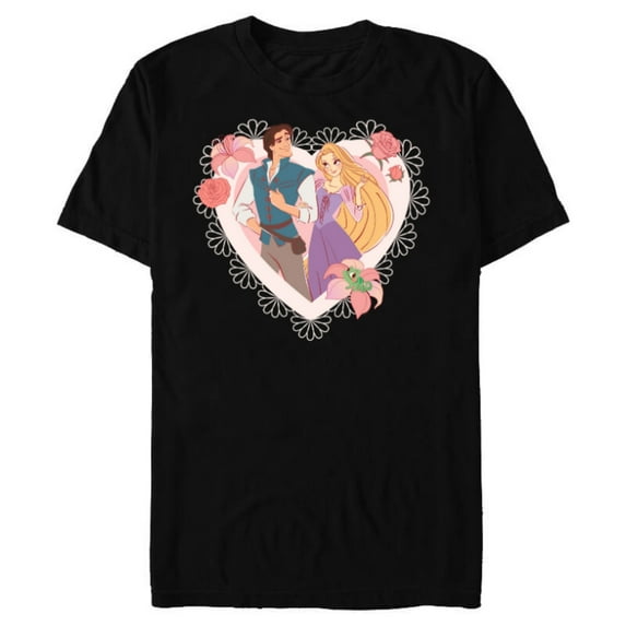 Disney Princess Rapunzel & Flynn Rider Valentine’s Day Heart - Short Sleeve Blended T-Shirt for Adults - Customized-Black