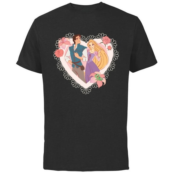 Disney Princess Rapunzel & Flynn Rider Valentine’s Day Heart - Short Sleeve Cotton T-Shirt for Adults - Customized-Black