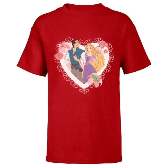 Disney Princess Rapunzel & Flynn Rider Valentine’s Day Heart - Short Sleeve T-Shirt for Kids - Customized-Red