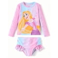 thumbnail image 1 of Disney Princess Rapunzel Girls Rash Guard Swimsuit Long Sleeve Top and Ruffle Bikini Bottom Set for Kids 2–9Y, 1 of 11