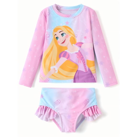 Disney Princess Rapunzel Girls Rash Guard Swimsuit Long Sleeve Top and Ruffle Bikini Bottom Set for Kids 2–9Y