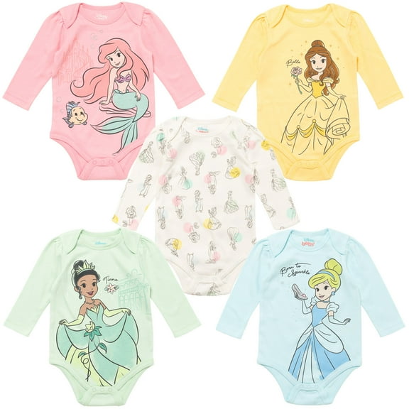 Disney Princess Rapunzel Jasmine Belle Newborn Baby Girls 5 Pack Bodysuits Newborn to Infant