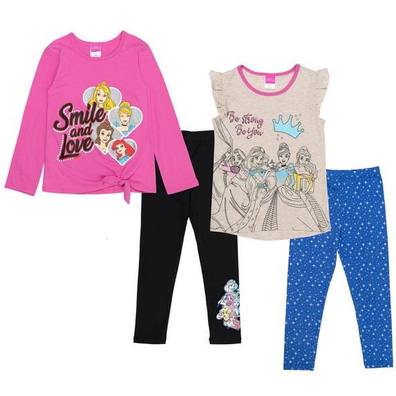 Disney Princess Rapunzel Jasmine Belle T-Shirt and Leggings 4 Piece Outfit Set Toddler to Big Kid