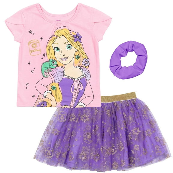 Disney Princess Rapunzel Little Girls T-Shirt Mesh Skirt and Scrunchie 3 Piece Outfit Set Toddler to Big Kid