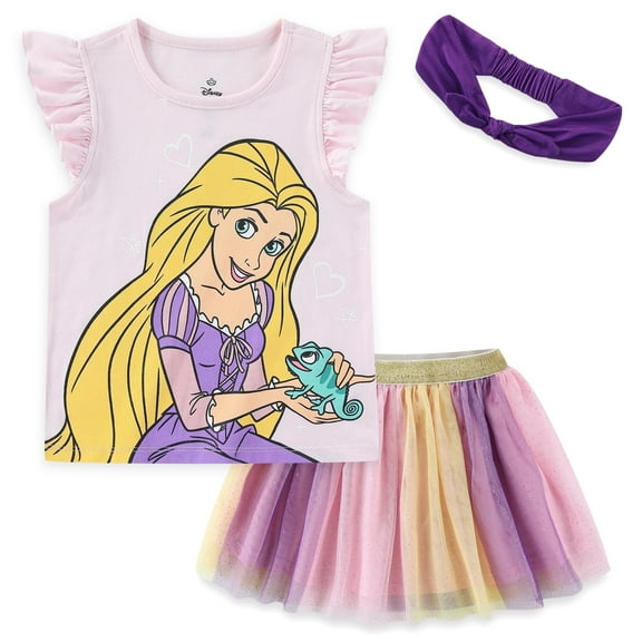 Disney Rapunzel Short Sleeve Shirt and Tulle Tutu Skirt with Headband (Girls), 3 Piece Set, Sizes 2T-10