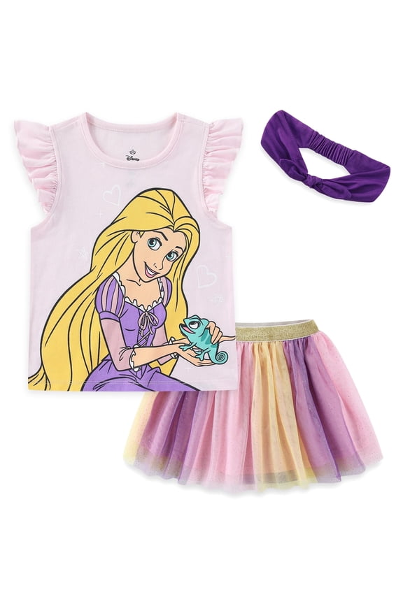 Rapunzel Short Sleeve Shirt and Tulle Tutu Skirt with Headband (Girls), 3 Piece Set, Sizes 2T-10