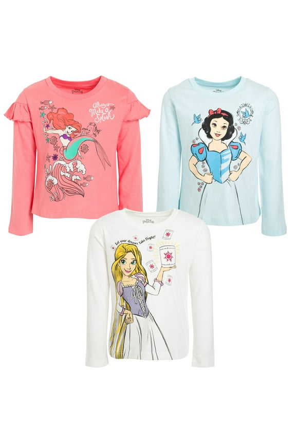 Princess Rapunzel Snow White Ariel 3 Pack Long Sleeve T-Shirts Toddler to Big Kid