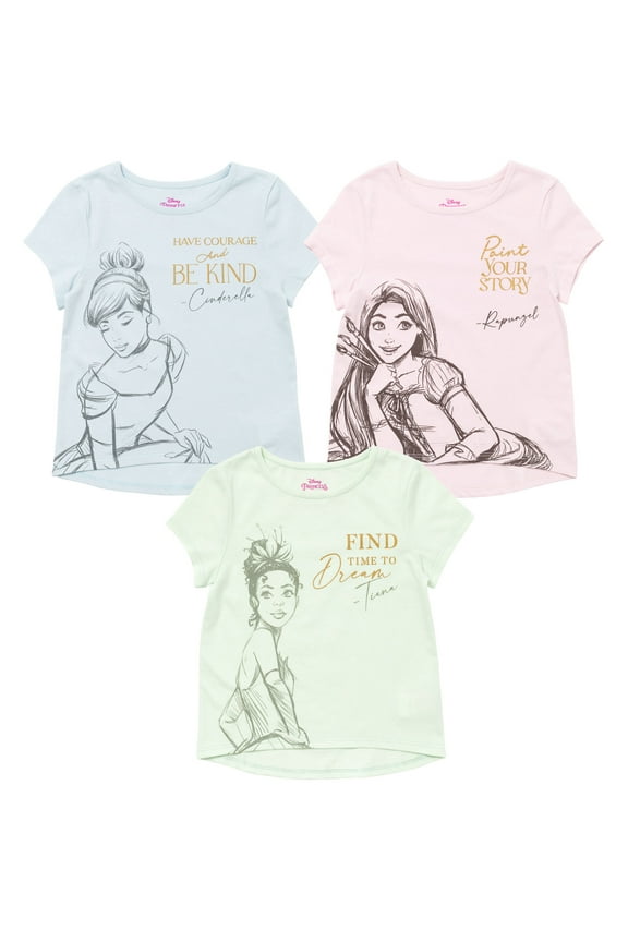 Princess Rapunzel Tiana Cinderella Little Girls 3 Pack T-Shirts Little Kid to Big