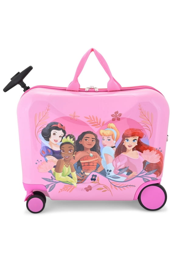 Disney Princess Ride-On Kids Suitcase - 18" Tow-Along Toddler Luggage - Tiana Moana Ariel Cinderella Snow White Carry-On Cute Bag with Wheels 18"x10"x14.5"