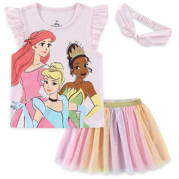 Disney Princess Short Sleeve Shirt and Tulle Tutu Skirt with Headband (Girls), 3 Piece Set, Sizes 2T-10