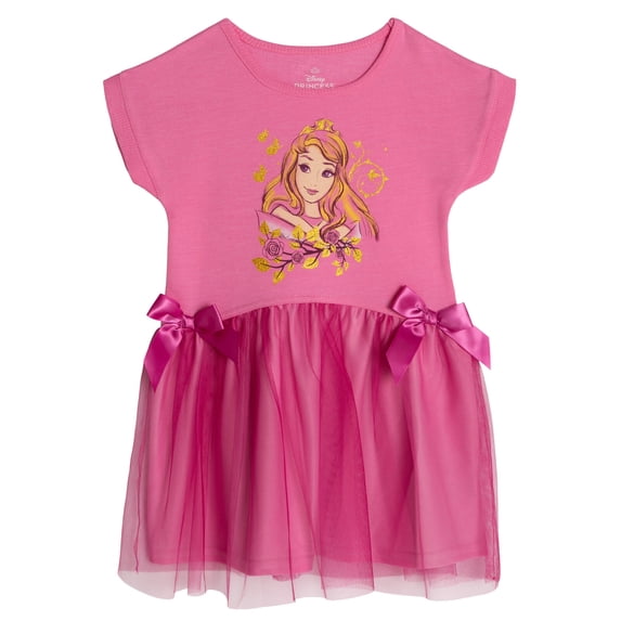 Disney Princess Sleeping Beauty Aurora French Terry Tutu Pleated Drop Shoulder Tulle Dress Toddler to Big Kid