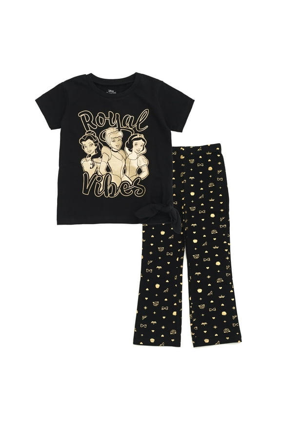 Princess Snow White Belle Ariel Metallic Print T-Shirt and Flare Pants Toddler to Big Kid