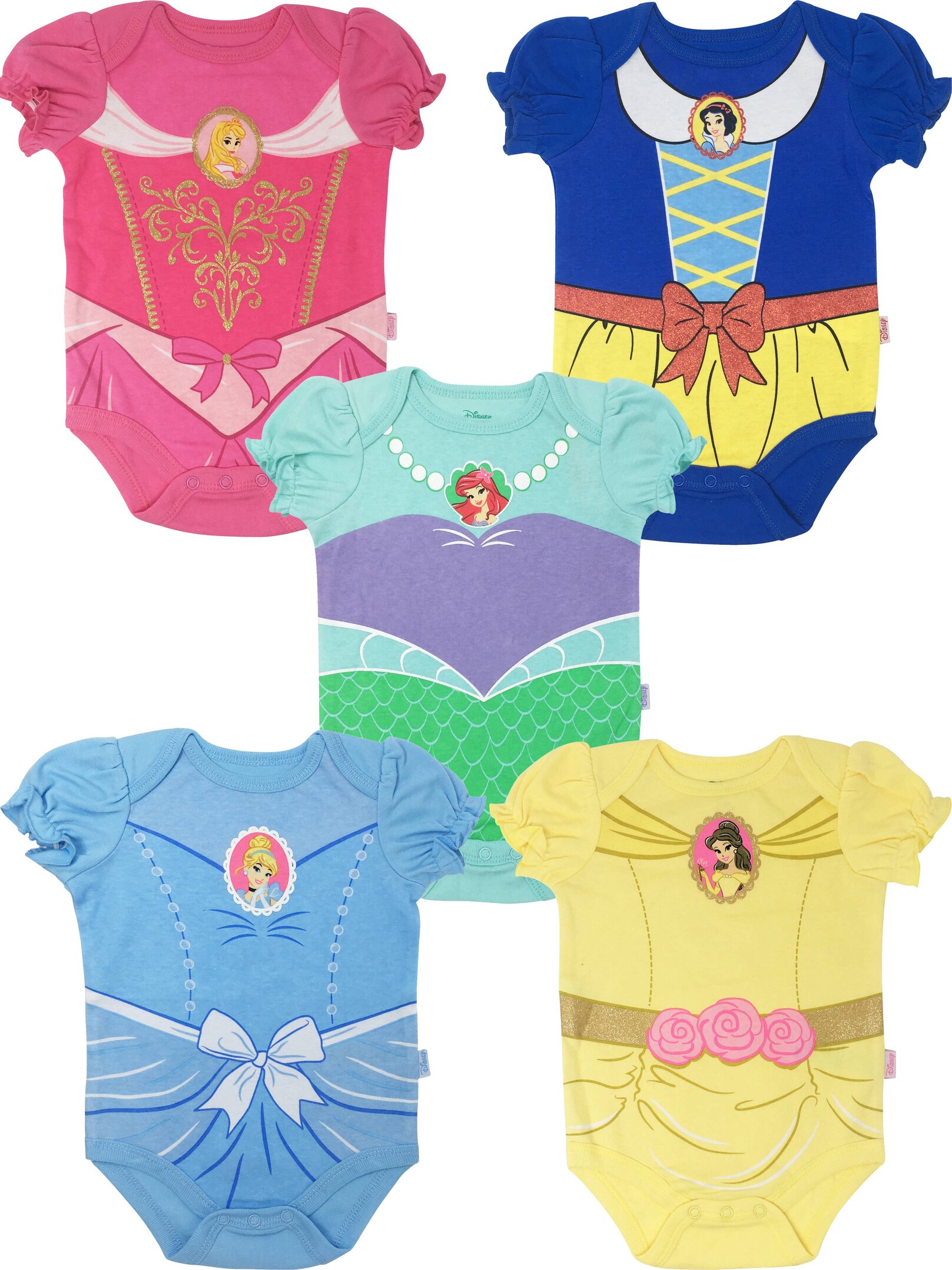 Disney Princess Snow White Belle Aurora Infant Baby Girls 5 Pack Bodysuits Newborn to Infant - image 1 of 5