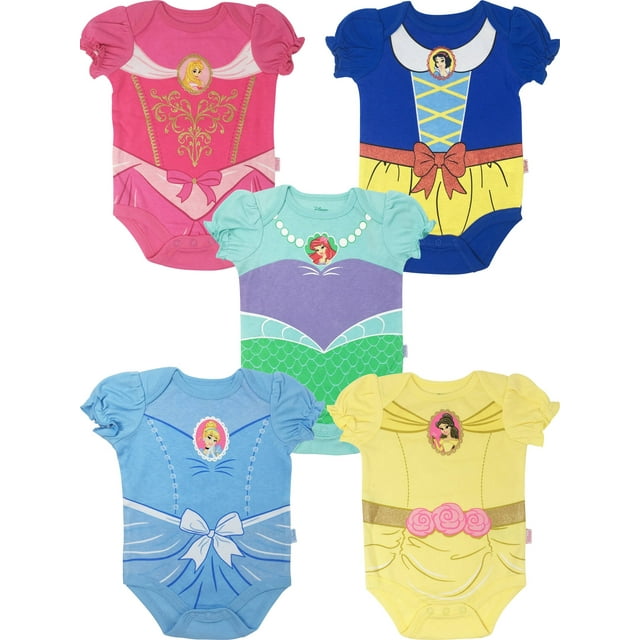 Disney Princess Snow White Belle Aurora Newborn Baby Girls 5 Pack Bodysuits Newborn to Infant
