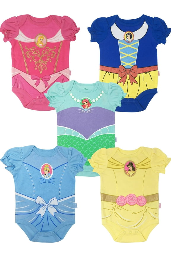 Princess Snow White Belle Aurora Newborn Baby Girls 5 Pack Bodysuits Newborn to Infant