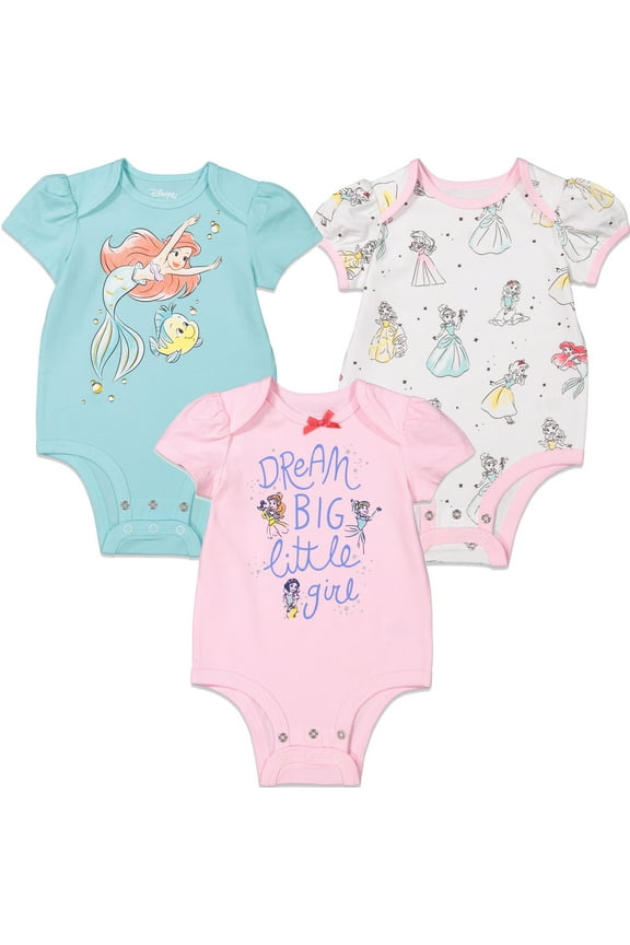 Disney Princess Snow White Belle Cinderella Infant Baby Girls 3 Pack Bodysuits Newborn to Infant
