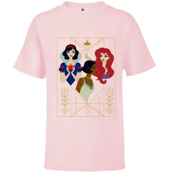 Disney Princess Snow White Tiana and Ariel Art Deco Style - Short Sleeve T-Shirt for Kids - Customized-Soft Pink