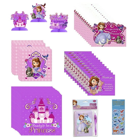Disney Princess Sofia the First Birthday Party Supplies Bundle includes 32 Napkins, 3 Mini Centerpieces, 16 Party Invitations , 16 Thank You Postcards, 1 Notebook, 1 Dinosaur Sticker