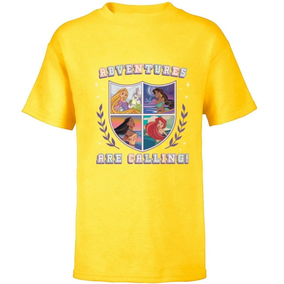 Disney Princess Squad Shield Crest Adventures are Calling - Short Sleeve T-Shirt for Kids - Customized-Yellow