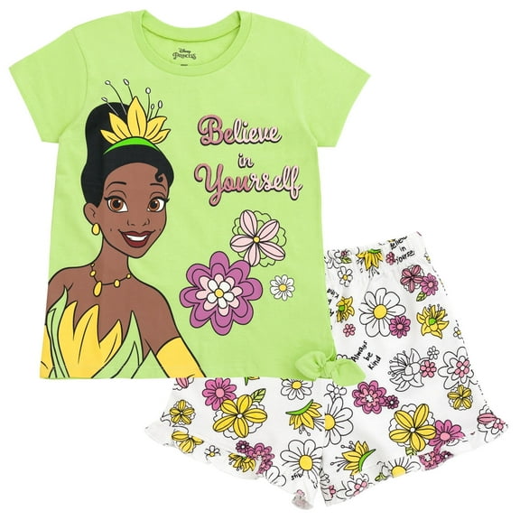Disney Princess Tiana Floral Little Girls T-Shirt and French Terry Shorts Outfit Set Green 7-8