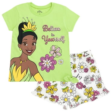 Disney Princess Tiana Floral Toddler Girls T-Shirt and French Terry Shorts Outfit Set Green 2T