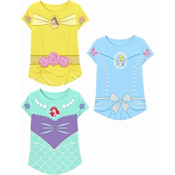 Disney Princess T-Shirts, Girls Short Sleeve Shirts Kids Clothes, Pink/White/Gray, 3 Pack