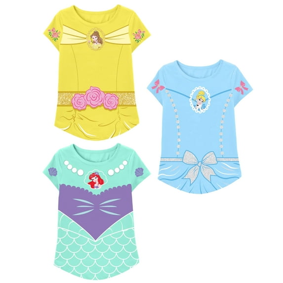 Disney Princess T-Shirts, Girls Short Sleeve Shirts Kids Clothes, Yellow/Blue/Teal, 3 Pack