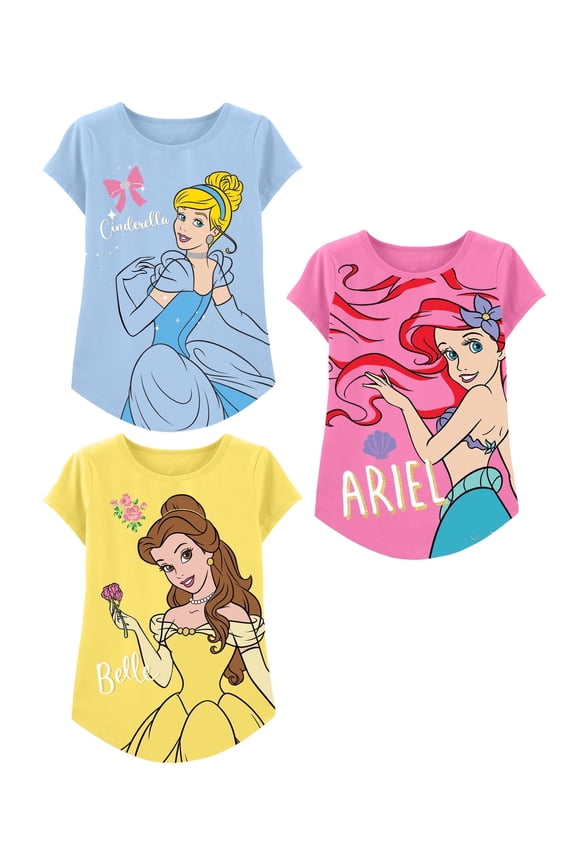 Princess T-Shirts, Girls Short Sleeve Shirts Kids Clothes, Blue/Pink/Yellow, 3 Pack