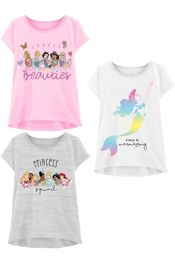 Princess T-Shirts, Girls Short Sleeve Shirts Kids Clothes, Blue/Pink/Yellow, 3 Pack