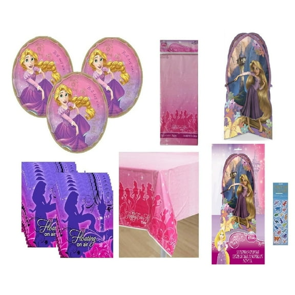 Disney Princess Tangled Birthday Party Supplies Bundle Includes 16 Lunch Paper Plates 9", 16 Paper Napkins 5", 1 Table Cover, 1 Table Centerpiece, 1 Dinosaur Sticker Sheet