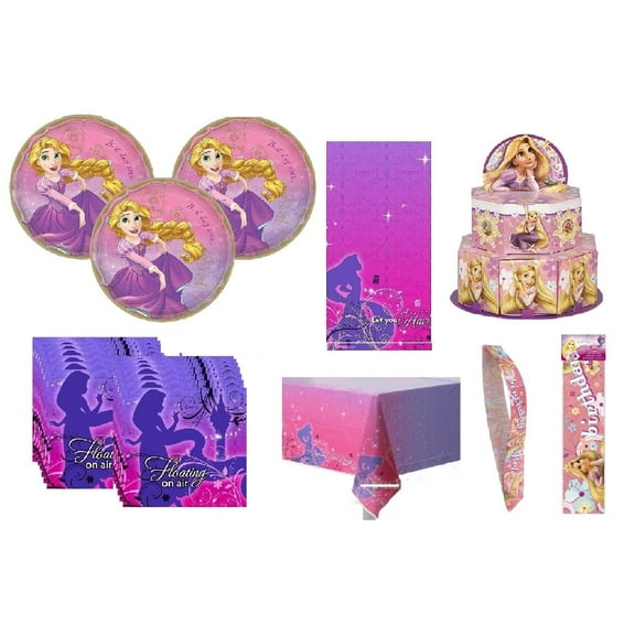 Disney Princess Tangled Birthday Party Supplies Bundle includes 16 Plates 9", 16 Napkins, 1 Table Cover, 1 Centerpiece, 1 Sash, 1 Dinosaur Sticker Sheet
