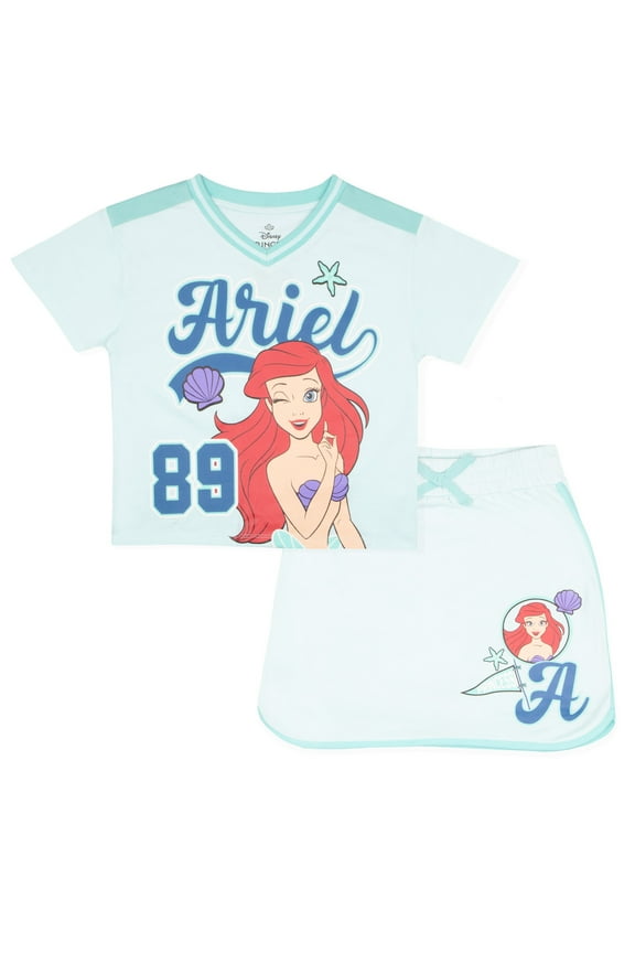 Princess The Little Mermaid Ariel Girl's 2-Piece Set - Casual Short Sleeve Graphic Print T-Shirt and Skort Bundle for Kids (Sizes 3T-16)