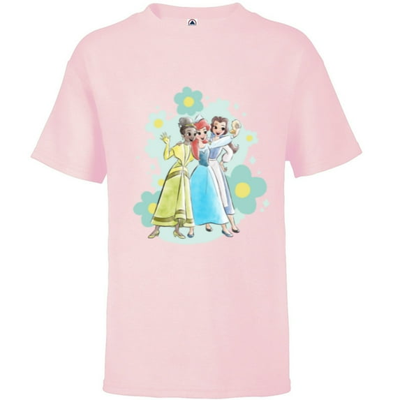 Disney Princess Tiana Ariel and Belle Seashell Selfie - Short Sleeve T-Shirt for Kids - Customized-Soft Pink