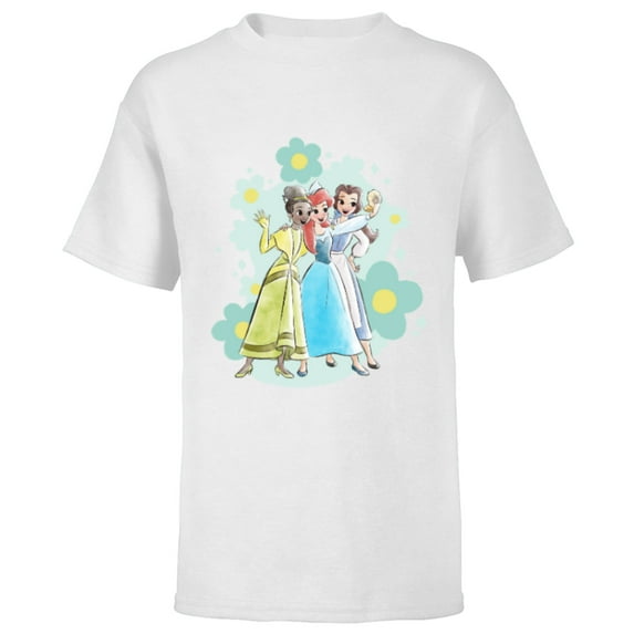 Disney Princess Tiana Ariel and Belle Seashell Selfie - Short Sleeve T-Shirt for Kids - Customized-White