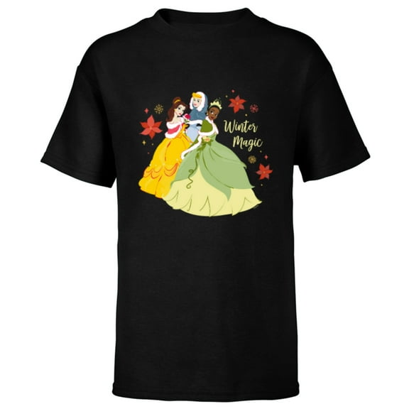 Disney Princess Tiana Belle Cinderella Holiday Winter Magic - Short Sleeve T-Shirt for Kids - Customized-Black