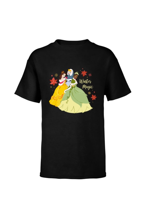 Princess Tiana Belle Cinderella Holiday Winter Magic - Short Sleeve T-Shirt for Kids - Customized-Black