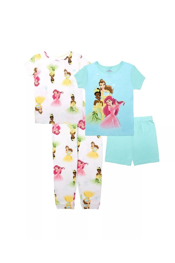 Princess Tiana, Belle and Ariel Toddler Girl's 4-Piece Pajama Set (Size 3T)