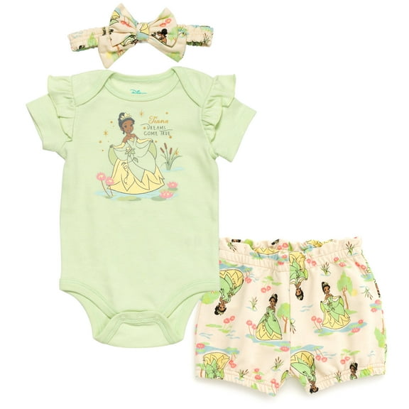 Disney Princess Tiana Bodysuit French Terry Bubble Shorts and Headband 3 Piece Outfit Set Newborn to Infant