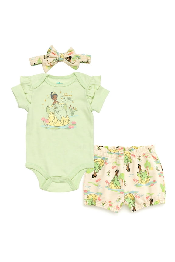 Princess Tiana Bodysuit French Terry Bubble Shorts and Headband 3 Piece Outfit Set Newborn to Infant