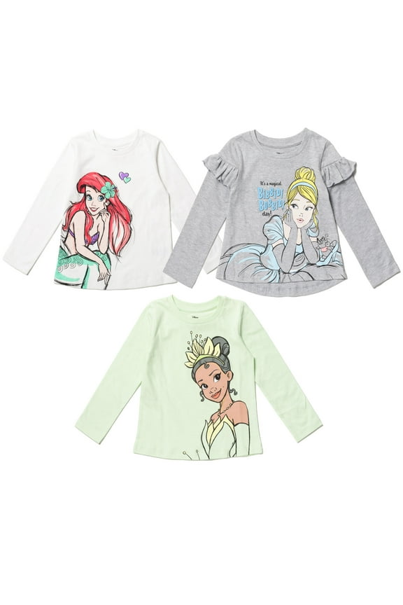 Princess Tiana Cinderella Ariel Big Girls 3 Pack Long Sleeve T-Shirts Toddler to Big Kid