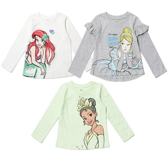 Disney Princess Tiana Cinderella Ariel Big Girls 3 Pack Long Sleeve T-Shirts Toddler to Big Kid