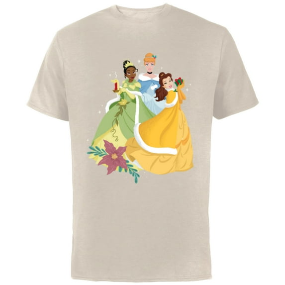 Disney Princess Tiana, Cinderella & Belle Holiday - Short Sleeve Cotton T-Shirt for Adults - Customized-Natural